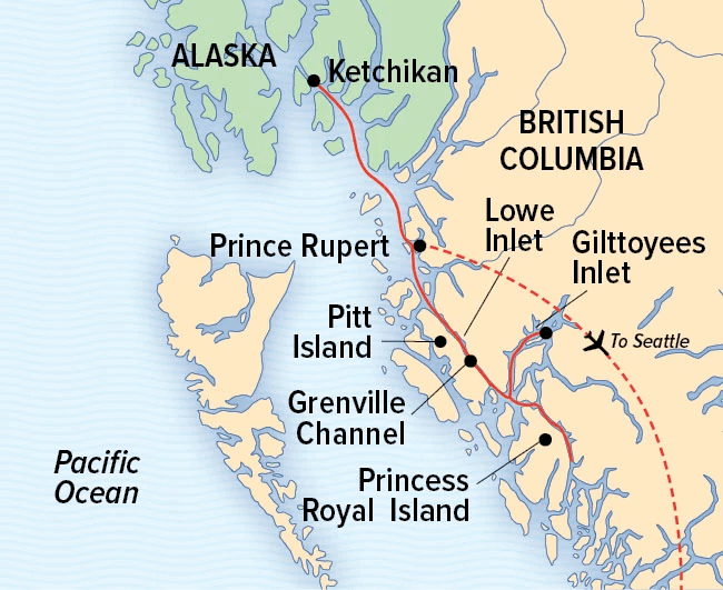 Voyage to Great Bear Rainforest itinerary map