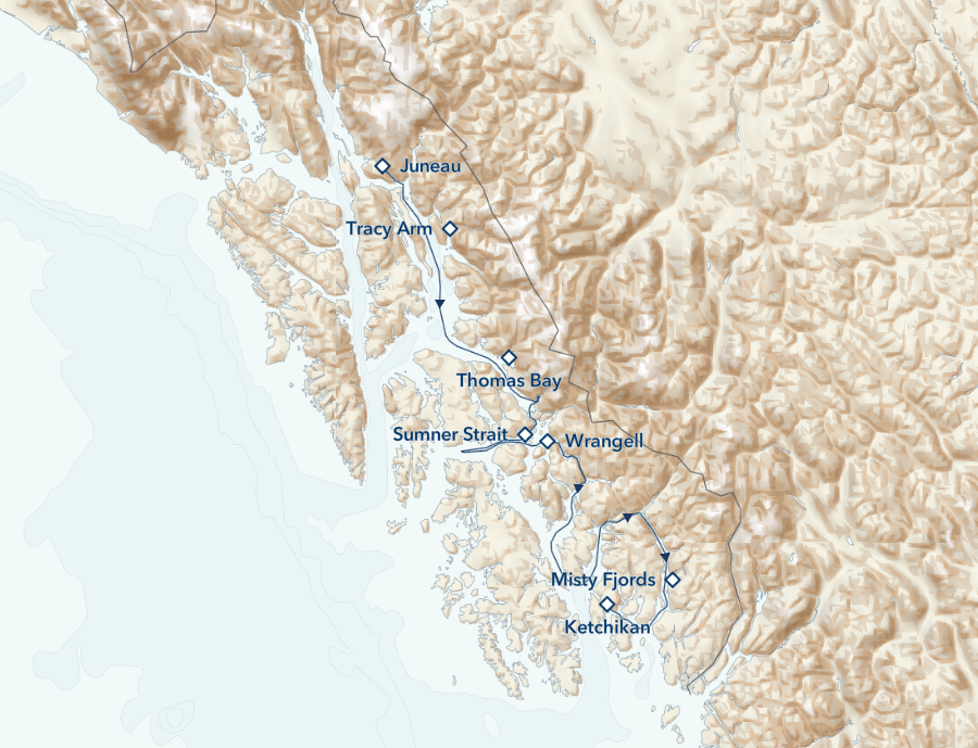 Wild Alaska Escape: LeConte Bay, Wrangell, and the Misty Fjords Itinerary Map
